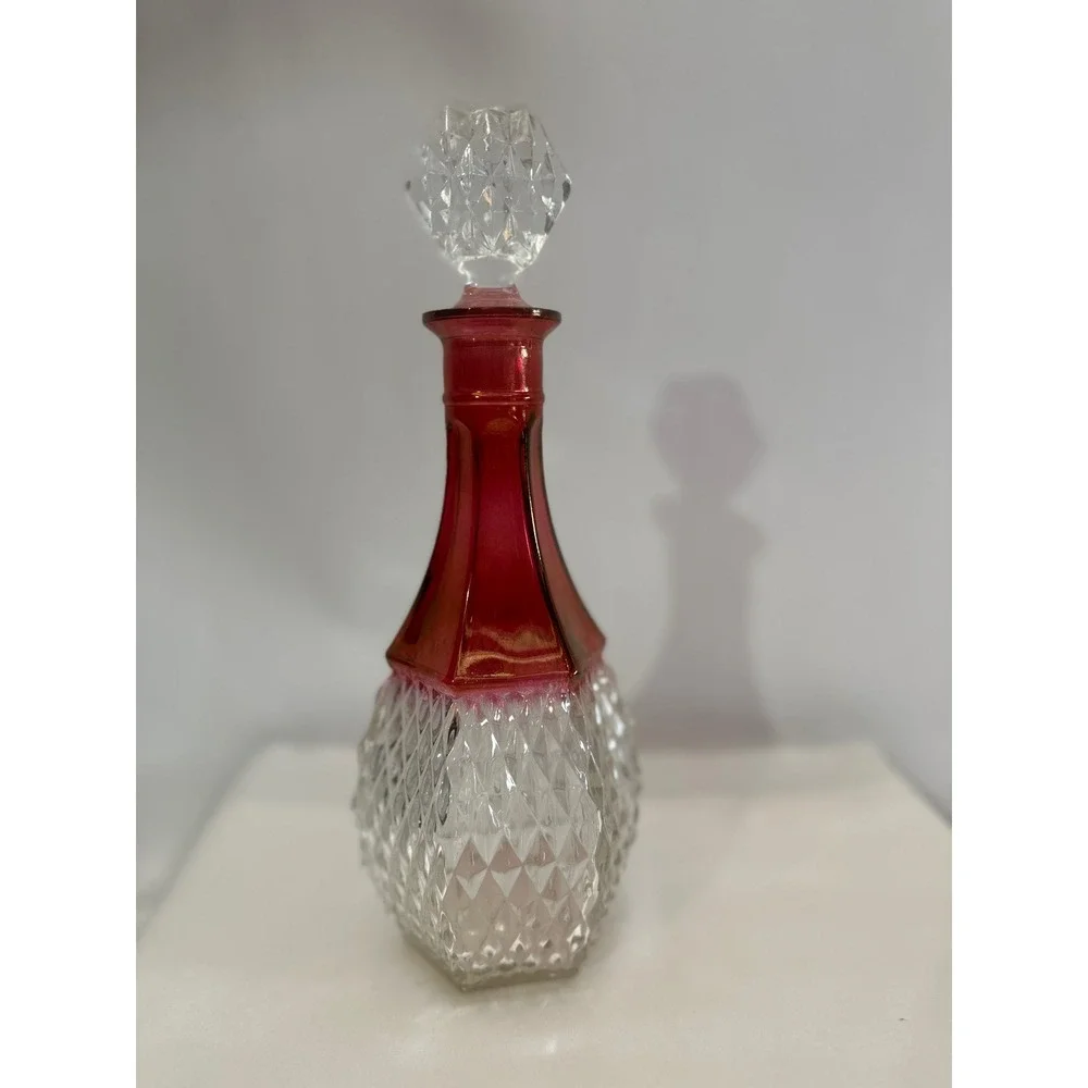 Vintage Kings Crown Ruby Flash Glass Decanter with Stopper 12 Inch Hexagonal